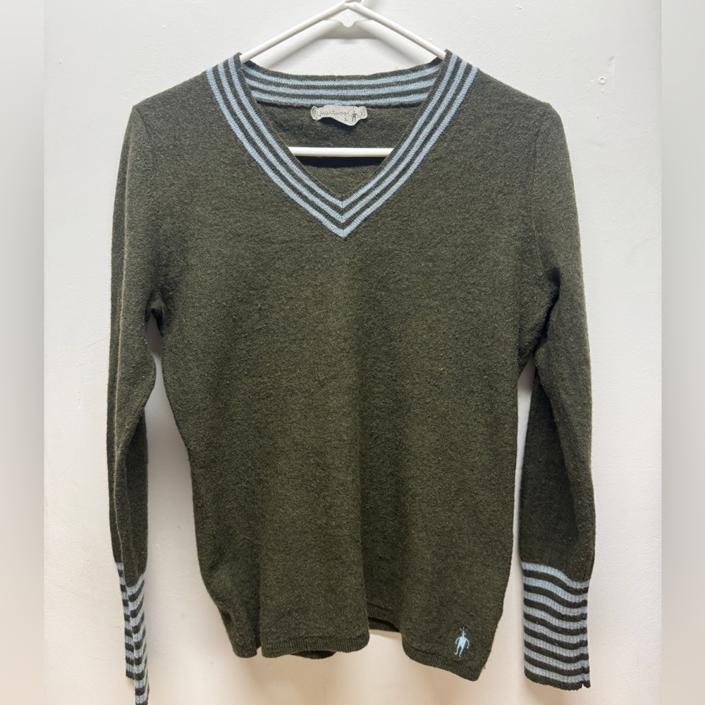 Smartwool Green V-Neck Sweater with Striped Trim L